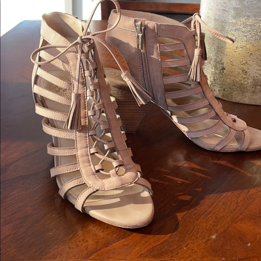 Leather Vince Camuto cage laceup block sandal heel